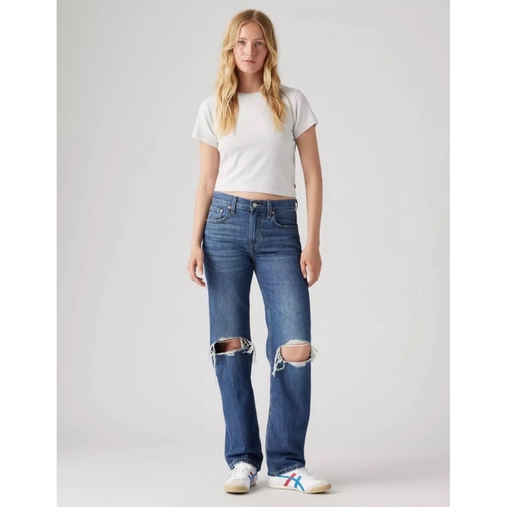 Levi's Low Pro Straight Jeans Women Blue Distressed Ripped Leg Mid Rise 30